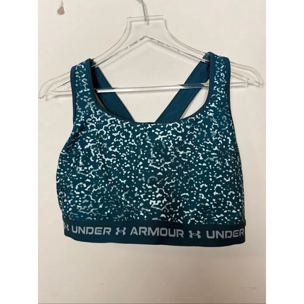 Under Armour Cross Back Mid Impact Sports Bra Teal Print Compression Size 3X